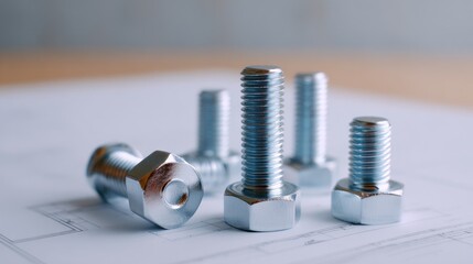 Fototapeta premium Collection of shiny steel bolts and nuts arranged on engineering blueprints, showcasing industrial components and tools for construction projects
