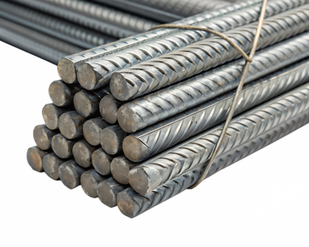 A bundle of steel rebar tied together, showcasing the textured surface and cylindrical shape. The background is transparent, emphasizing the isolated object.