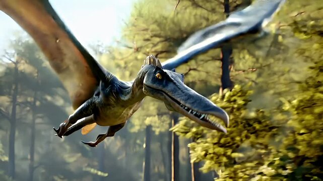 A vivid, highresolution digital artwork of a pterosaur in midflight, captured in a forest setting. The creatures wings are spread wide, and its sharp teeth are prominently displayed.