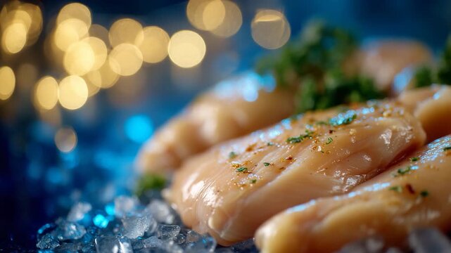 23Chilled chicken fillets on reflective ice layer, illuminated with soft highlights, bokeh backdrop of defocused kitchen lighting representing cooking inspiration