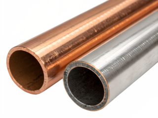 Two metal pipes, one copper and one aluminum, displayed on a transparent background. The copper pipe is shiny and has a circular opening, while the aluminum pipe is matte and also circular.
