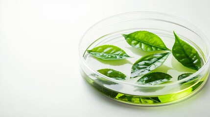 Green tea leaves in transparent petri dish