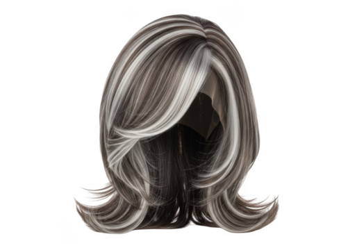 Stylish medium length layered wig with subtle highlights and side bangs isolated on transparent background