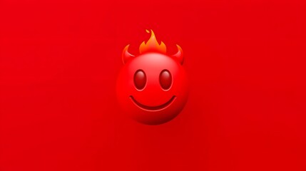 Obraz premium Fiery Demeanor: A cheerful red devil emoji with expressive eyes and a mischievous grin, adorned with a flaming crown, against a vibrant red backdrop.