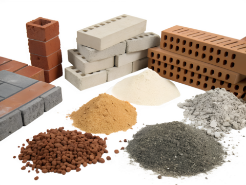 Construction materials including red bricks, white bricks, sand, gravel, and cement on a transparent background. Ideal for building and renovation projects.