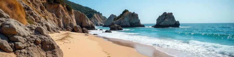 Rugged coastal scene featuring dramatic rock formations meeting a sandy beach, waves crashing against the shore Perfect for travel, nature, and geology themes , travel, geology