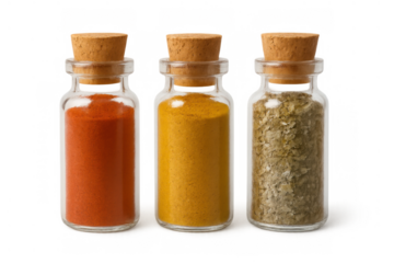 Glass jars with corks containing paprika powder, turmeric powder, and dried herbs on a transparent background