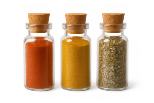 Glass jars with corks containing paprika powder, turmeric powder, and dried herbs on a transparent background