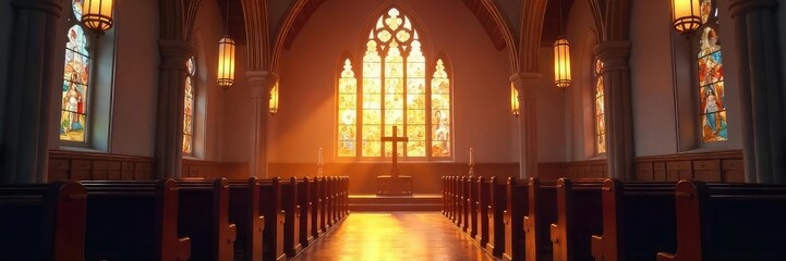 Fototapeta premium Serene church interior, bathed in soft light during a prayer service Peaceful atmosphere, stained glass, quiet contemplation, spiritual sanctuary , holy spirit, love, jesus