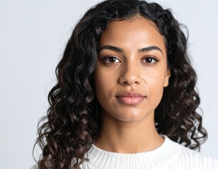 A young woman with dark curly hair looks directly at the camera with a serious expression