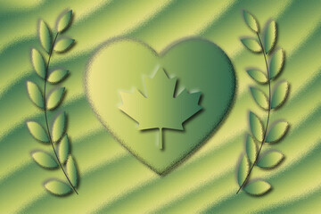 Green heart with canadian maple leaf emblem surrounded by laurel branches