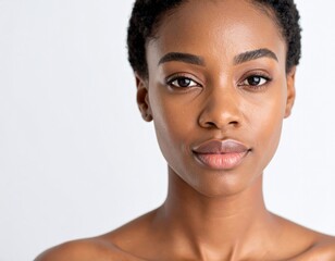 A young woman with a serious expression looks directly at the camera