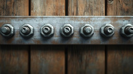 Array of screws on wooden backdrop