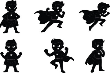 Superhero character in cape, star emblem, action poses, cartoon comic style hero illustration, flat vector
