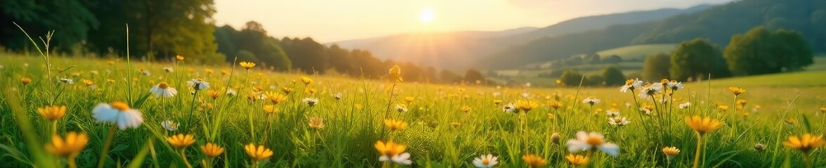 Fototapeta premium Serene meadow scene at dawn, wildflowers in bloom, soft sunlight illuminating lush green grass and distant hills Perfect for nature, spring, or peaceful backgrounds , outdoors, sky