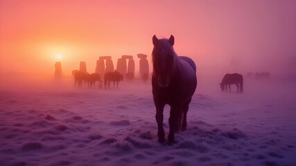 A vivid portrayal of a horse in a misty landscape during sunset. The horse is prominently featured in the foreground, with its silhouette sharply contrasted against the warm hues of the setting sun.