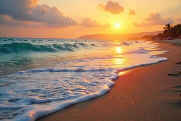 Obraz premium Serene sandy shore at sunset, gentle waves lapping the golden sand, creating a peaceful coastal scene Perfect for travel, nature, and relaxation themes , sandy beach, waves