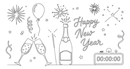 Happy New Year Celebration Line Art – Balloons and Champagne Outline Vector