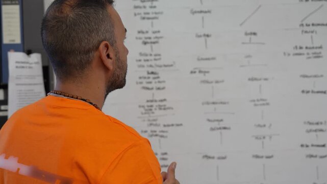 Young staff analyzing daily shifts and intervention plans on the company noticeboard