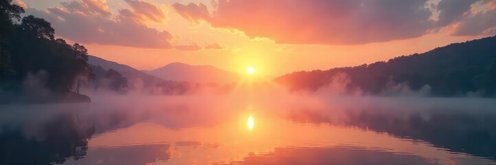 Naklejka premium Serene sunrise over tranquil lake, mist rising, conveying a sense of calm spiritual energy and inner peace Perfect for meditation, yoga, mindfulness, and well-being themes , zen, healing, tranquility