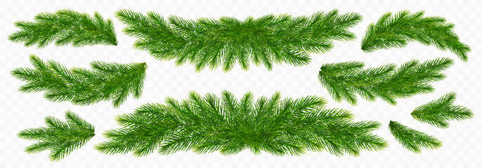 Christmas spruce branches. Fir twigs with green needles. Realistic fir tree branches border isolated on transparent background for greeting New Year and Xmas cards. Vector illustration © wild