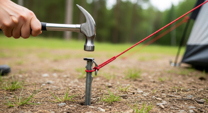 Hammering tent stakes into the ground at a campsite.