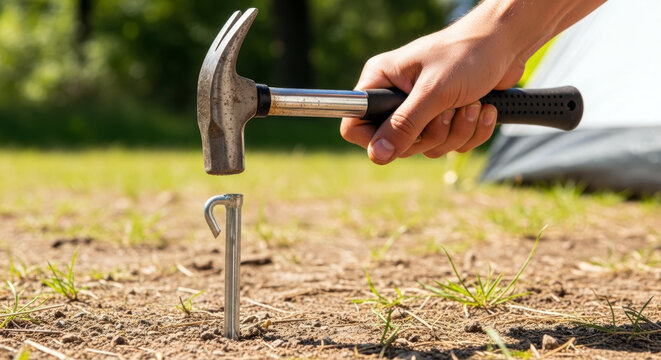 Hammering tent stakes into the ground at a campsite.