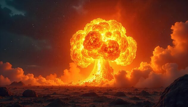 Spectacular fiery explosion, intense heat and light, radiating outwards in a dramatic burst Perfect for fantasy, action, and destruction themes , orange, vibrant