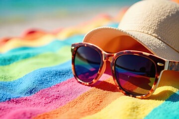 Stylish sunglasses resting on a vibrant summer beach towel, ready for sunny adventures Perfect for travel, vacation, and summer holiday themes , calm, accessories, coastal