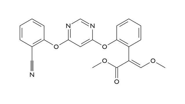 azoxystrobin molecule, structural chemical formula, ball-and-stick model, isolated image fungicide