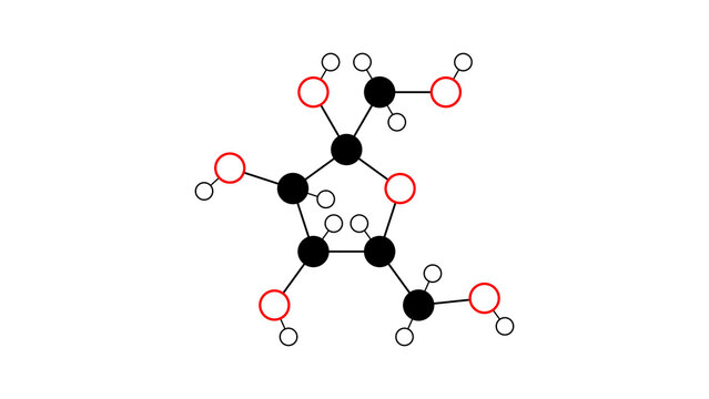 beta-d-fructose molecule, structural chemical formula, ball-and-stick model, isolated image monosaccharide