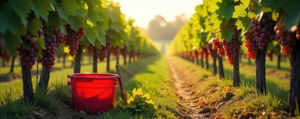 Sunlight streams through vineyard rows as ripe grapes hang heavy on the vines, ready for harvest Buckets and shears await the autumnal bounty A scene of idyllic vineyard work , grapevines, grapes