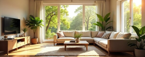 Sunlit living room with comfortable furniture, large windows offering abundant natural light, creating a serene and inviting atmosphere  Perfect for relaxation and family time , rustic, apartment