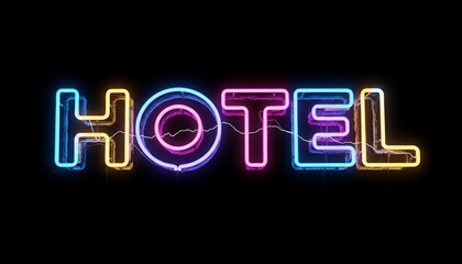Electrifying neon 'HOTEL' sign glowing with vibrant hues of blue, pink, and yellow against a deep black background, a captivating beacon of modern nightlife and urban allure