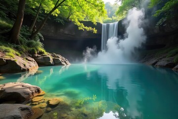 Tranquil scene of a natural hot spring, steam rising above the calm water, surrounded by lush greenery Perfect for relaxation, spa, wellness, and nature themes , natural, healing