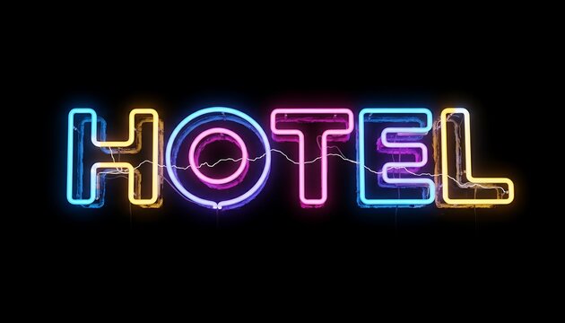 Electrifying neon 'HOTEL' sign glowing with vibrant hues of blue, pink, and yellow against a deep black background, a captivating beacon of modern nightlife and urban allure
