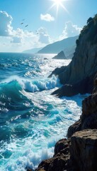 Vast, deep blue ocean waves crashing against a rocky shore Sun shines on the sparkling water, seabirds fly overhead A breathtaking seascape of power and beauty , wildlife, seabird