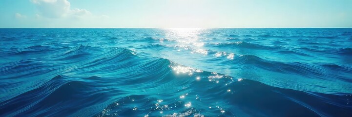 Vast expanse of deep blue ocean water, sunlit surface reflecting the sky, gentle waves rolling in Tranquil seascape, perfect for travel or nature themes , sunlight, bright