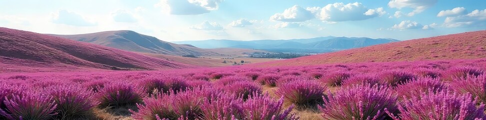 Vast expanse of purple heather blooming under a summer sky Rolling hills create a textured landscape, perfect for nature lovers and calming backgrounds , serene, flora