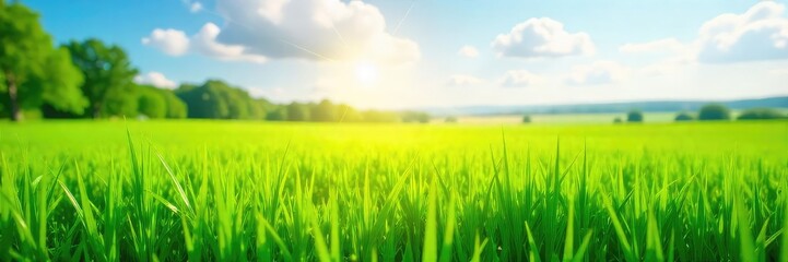 Vibrant green field bathed in bright sunlight on a beautiful summer day Perfect for nature, environmental, or spring themes Ideal for websites, blogs, and presentations , sky, vibrant