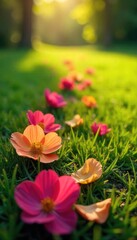 Vibrant flower petals scattered on lush green grass, bathed in soft sunlight A picturesque outdoor scene perfect for spring or summer themes , summer, natural beauty, beautiful