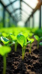 Vibrant green seedlings thrive under the protective glass of a modern greenhouse, bathed in sunlight Perfect for agriculture, horticulture, and botany themes , life, sprout