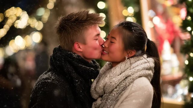 38Close-up of romantic kiss between couple bundled in scarves and coats, illuminated by festive string lights and softly glowing shop windows