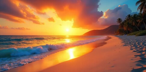 Vibrant sunset casting a warm golden glow across a pristine sandy beach, creating a tranquil and idyllic scene Perfect for travel, vacation, or nature-themed projects , vibrant, travel, red