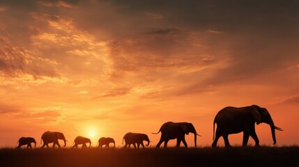 Fototapeta premium Mother Elephant Leads Her Herd Into the Sunset on an Emotional Journey Across the Savanna at Twilight