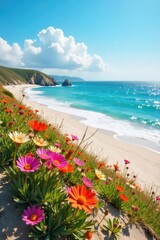 Vibrant wildflowers bloom on a sandy beach dune overlooking a sparkling ocean under a bright spring sky Perfect for travel, nature, and seasonal themes , daytime, tranquil