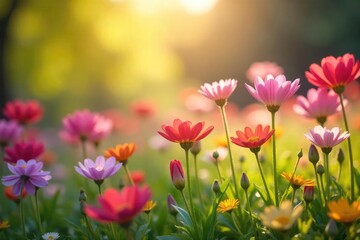 Vibrant wildflowers in full bloom, bathed in the warm sunlight of springtime Perfect for themes of renewal, growth, and the beauty of nature's awakening , springtime landscape, environment, close-up