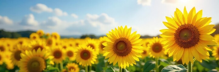 Vibrant yellow oil sunflowers bask in the summer sun, their heavy heads bowed with ripe seeds A stunning display of nature's bounty, perfect for agricultural or culinary themes , sun, food
