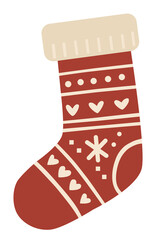Red Christmas stocking with cream cuff and folk style patterns hearts, dots, snowflake, and geometric rows. Cozy, festive, and perfect for holiday cheer.