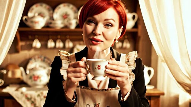 Video of a woman in vintage attire holding a cup of tea, inviting atmosphere with elegant decor